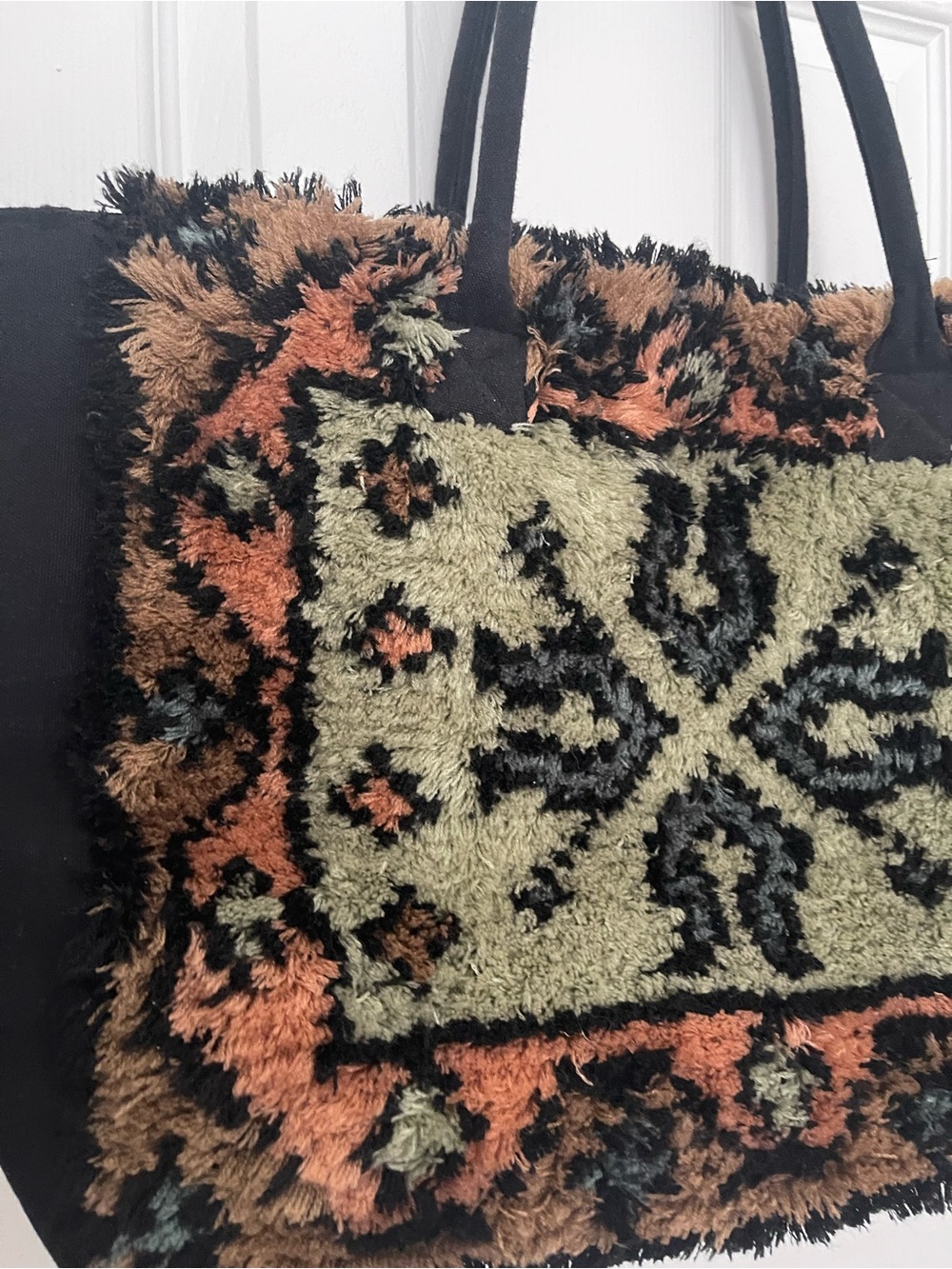 Faux Shag Rug Mosaic Tote Bag in Olive & Rust - Picture 11 of 16